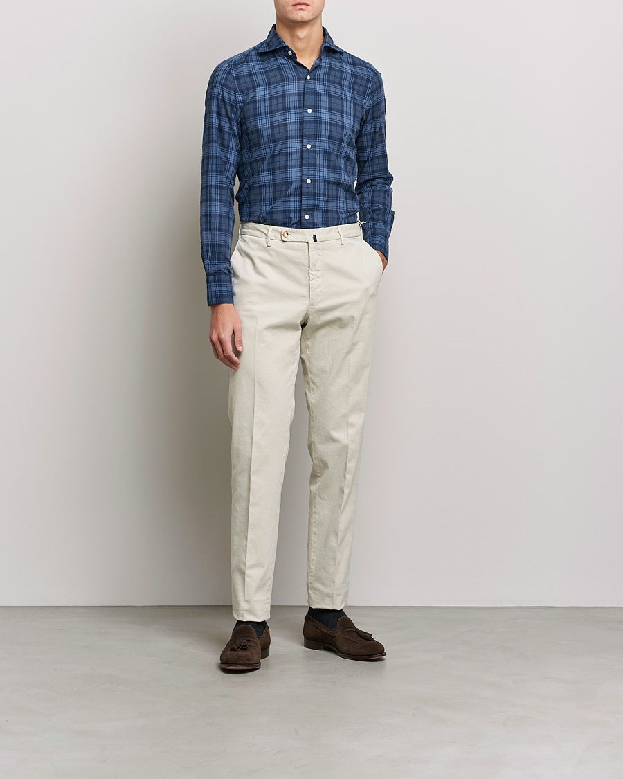 Herre | Flannelskjorter | Finamore Napoli | Tokyo Slim Light Flannel Shirt Navy Check