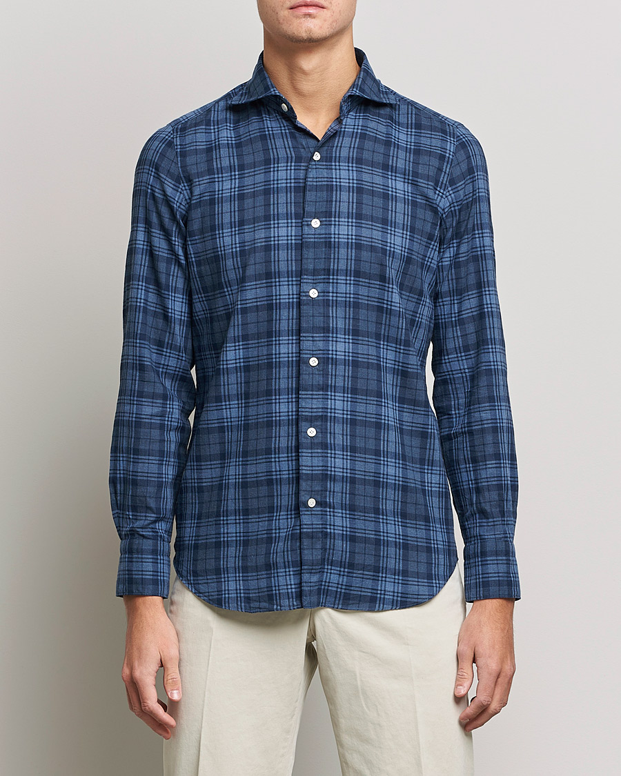 Herre | Skjorter | Finamore Napoli | Tokyo Slim Light Flannel Shirt Navy Check
