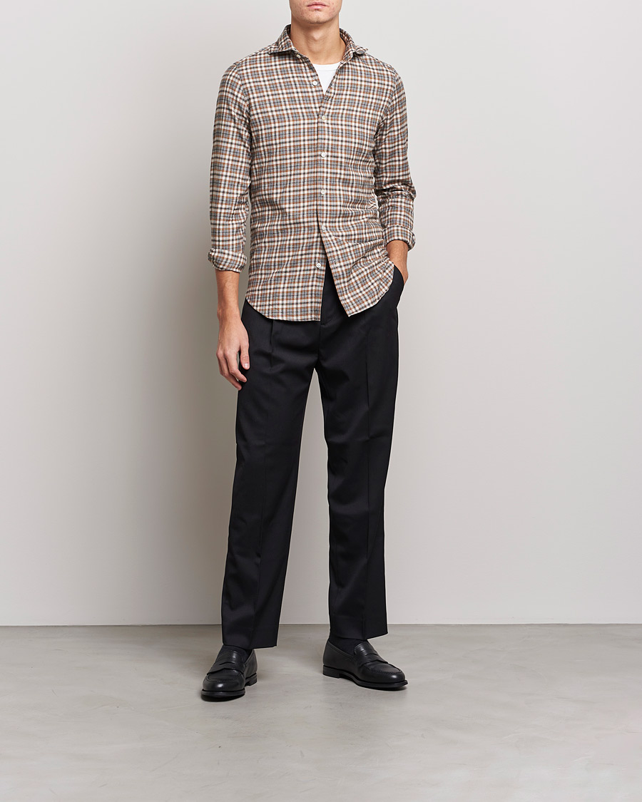 Herre | Skjorter | Finamore Napoli | Tokyo Slim Light Flannel Shirt Brown Check