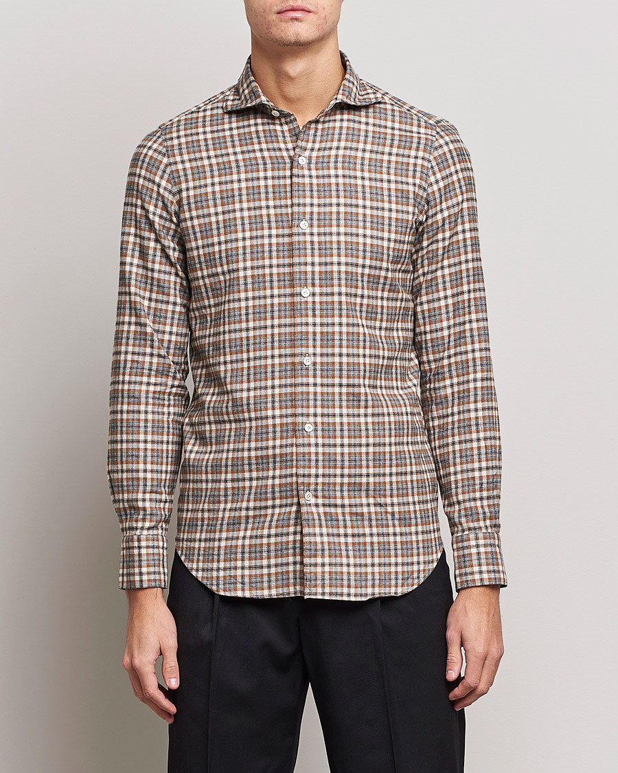 Herre | Skjorter | Finamore Napoli | Tokyo Slim Light Flannel Shirt Brown Check