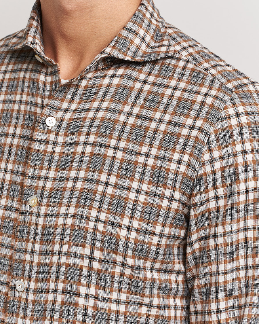 Herre | Skjorter | Finamore Napoli | Tokyo Slim Light Flannel Shirt Brown Check
