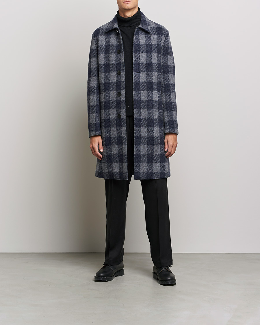 Herre | Frakker | Harris Wharf London | Vichy Fleece Lined Mac Coat Blue/Grey