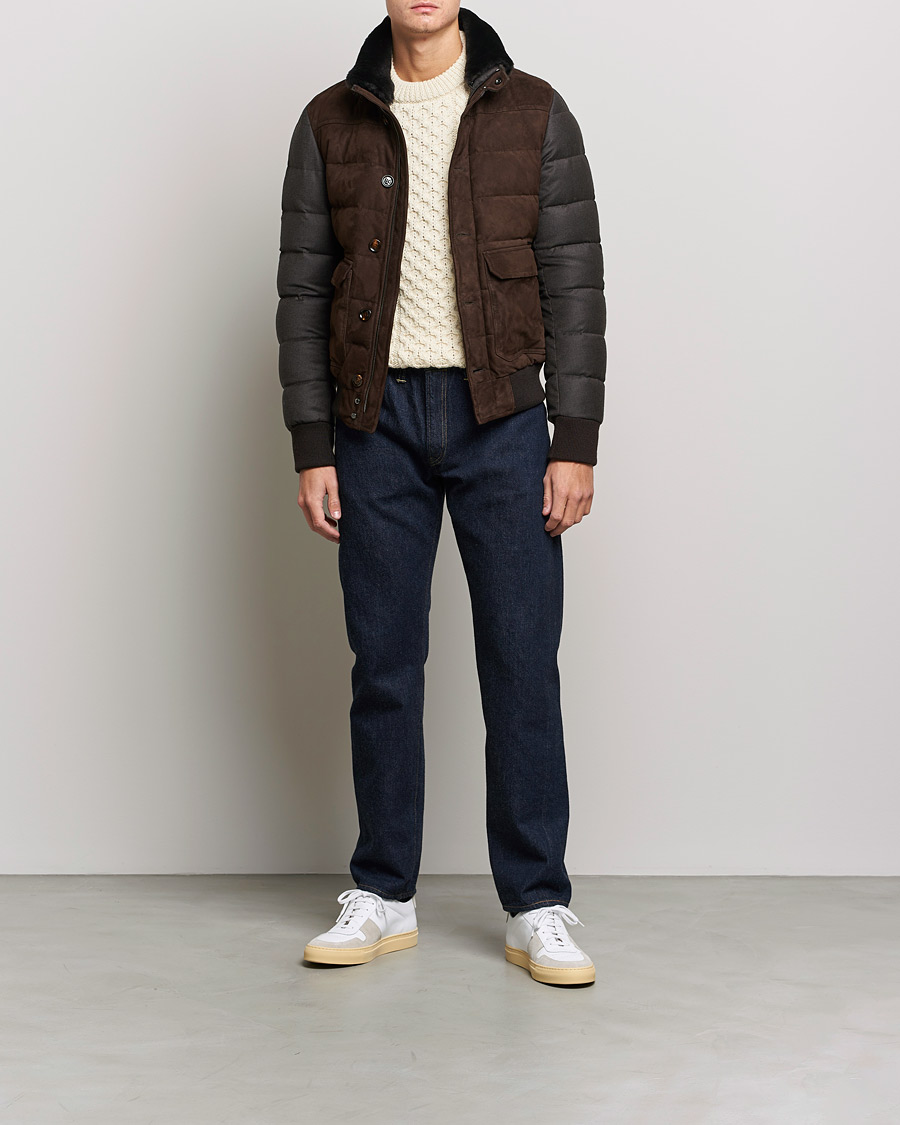 Herre | Jakker | MooRER | Fantoni Wool/Cashmere Suede Bomber Jacket Dark Brown