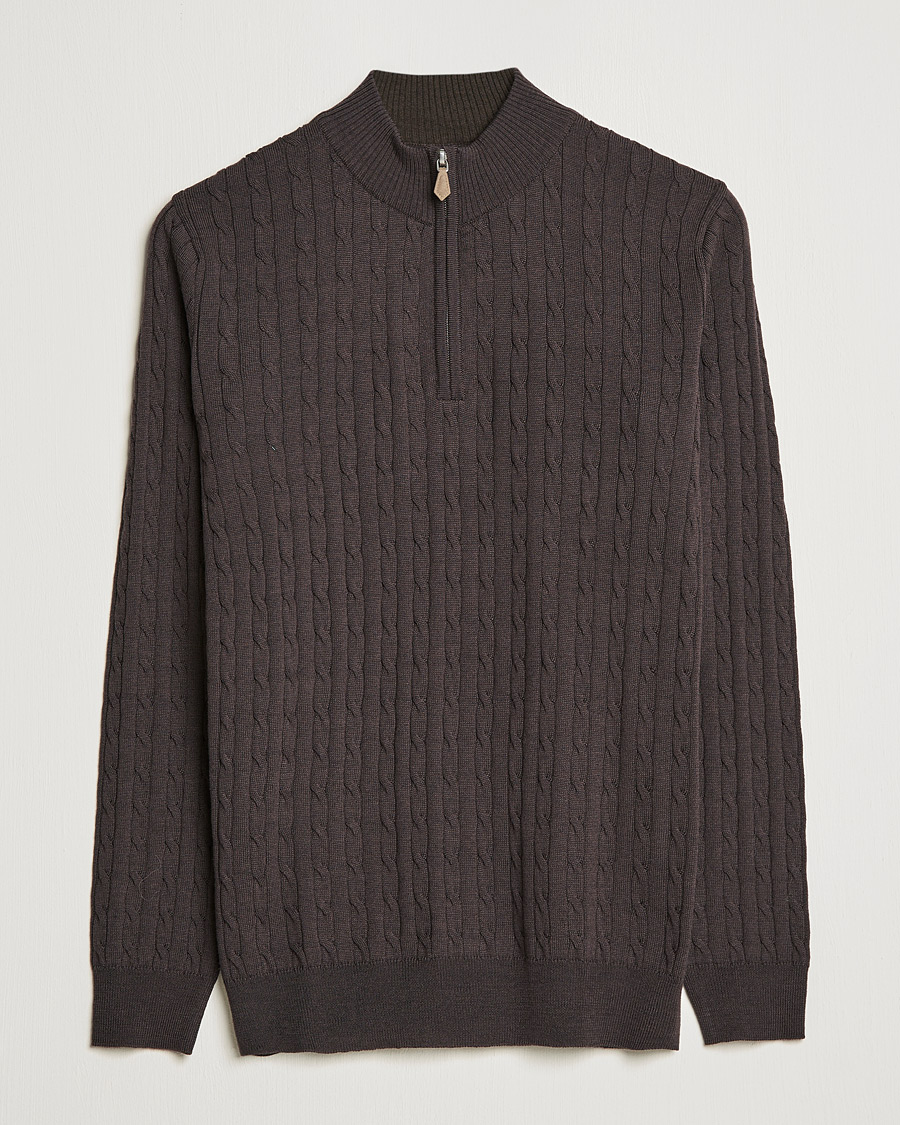 Herre | Trøjer | Stenströms | Merino Wool Cable Half Zip Dark Brown