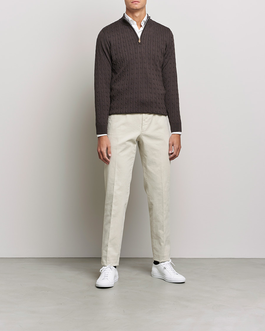 Herre | Trøjer | Stenströms | Merino Wool Cable Half Zip Dark Brown