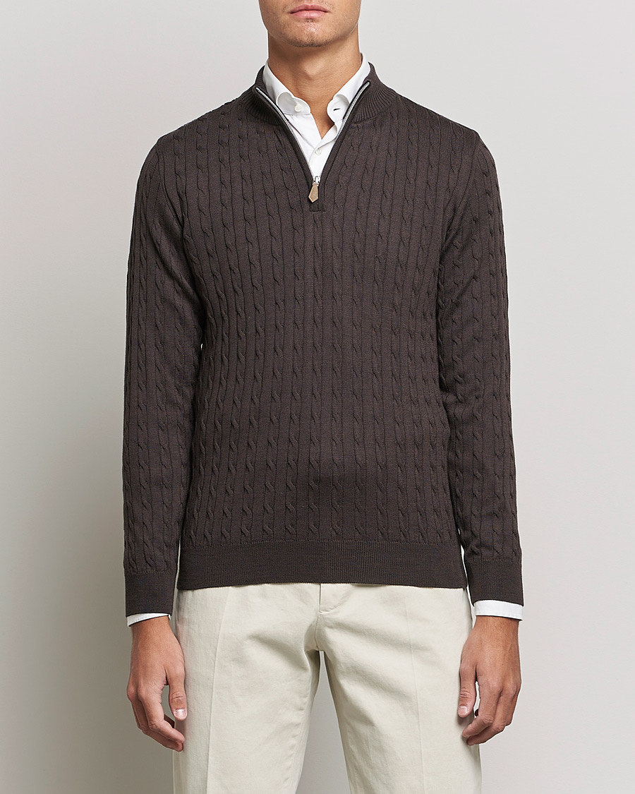 Herre | Trøjer | Stenströms | Merino Wool Cable Half Zip Dark Brown
