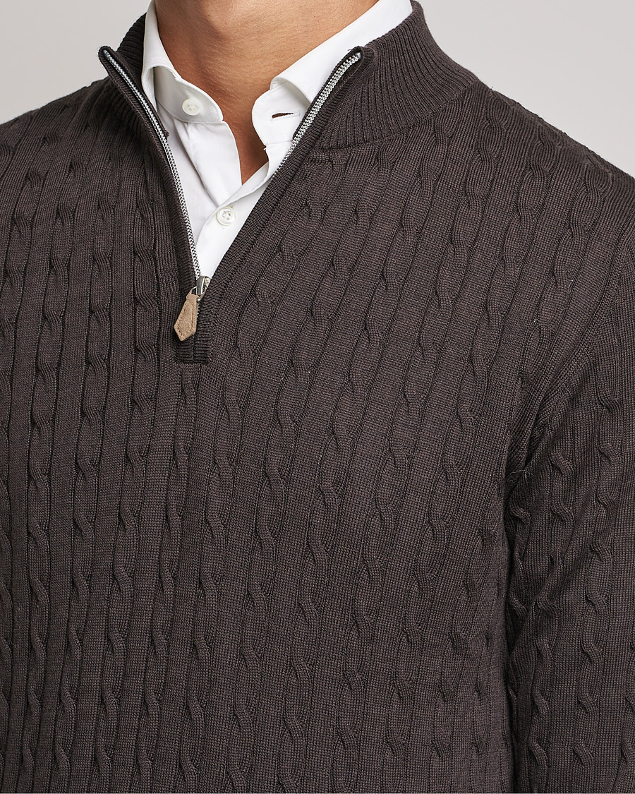 Herre | Trøjer | Stenströms | Merino Wool Cable Half Zip Dark Brown