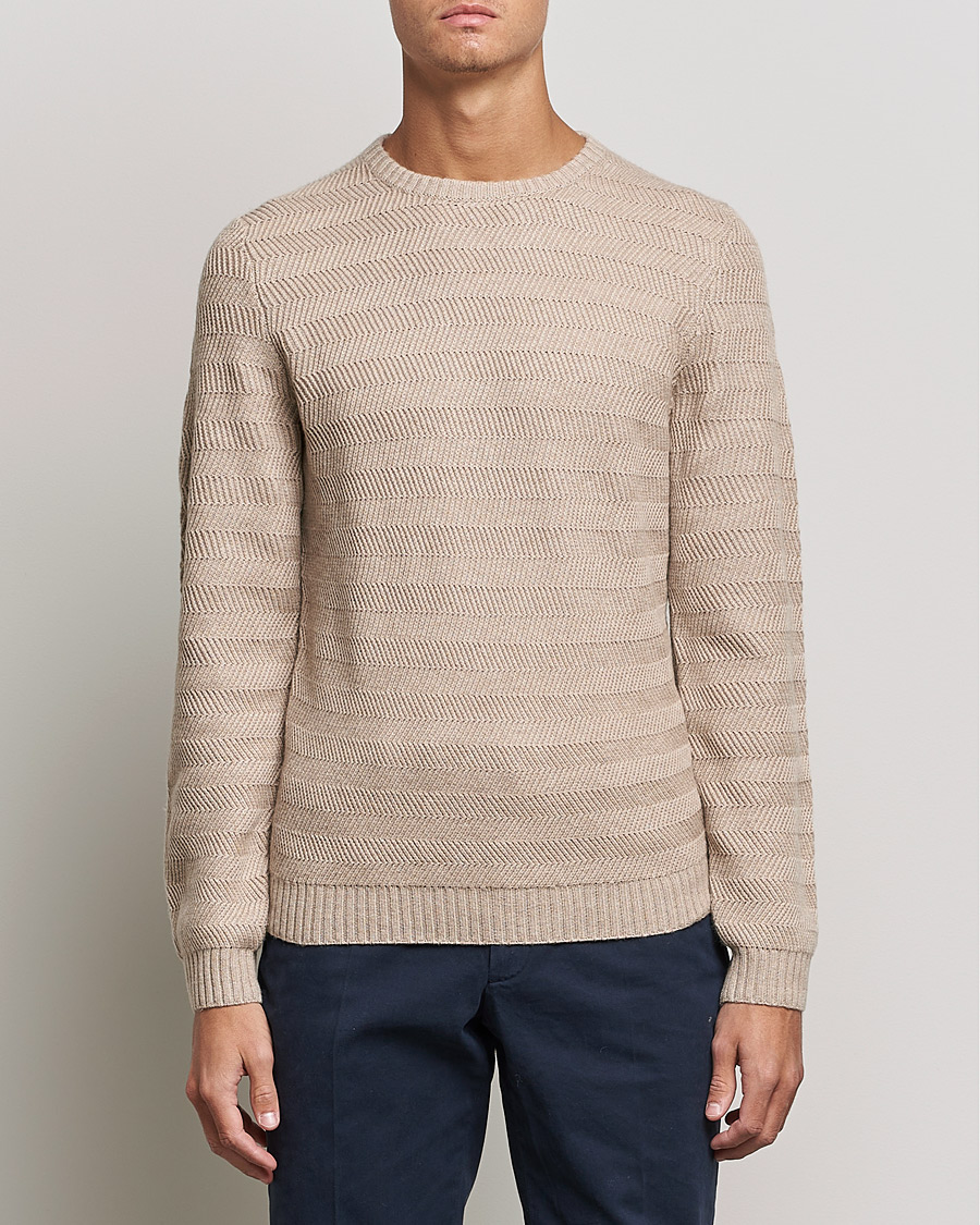 Herre | Trøjer | Stenströms | Merino/Cashmere Herringbone Crew Neck Beige