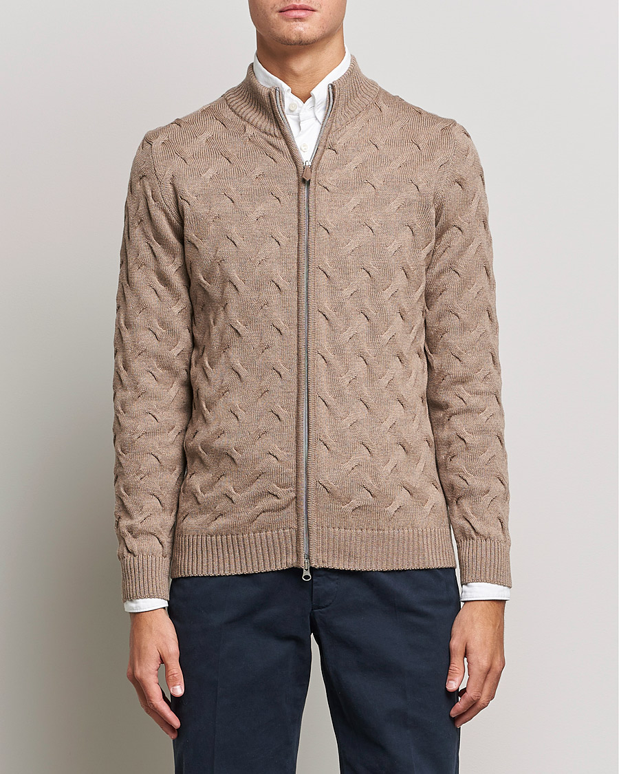 Herre | Cardigans | Stenströms | Heavy Cable Merino Full Zip Cardigan Camel