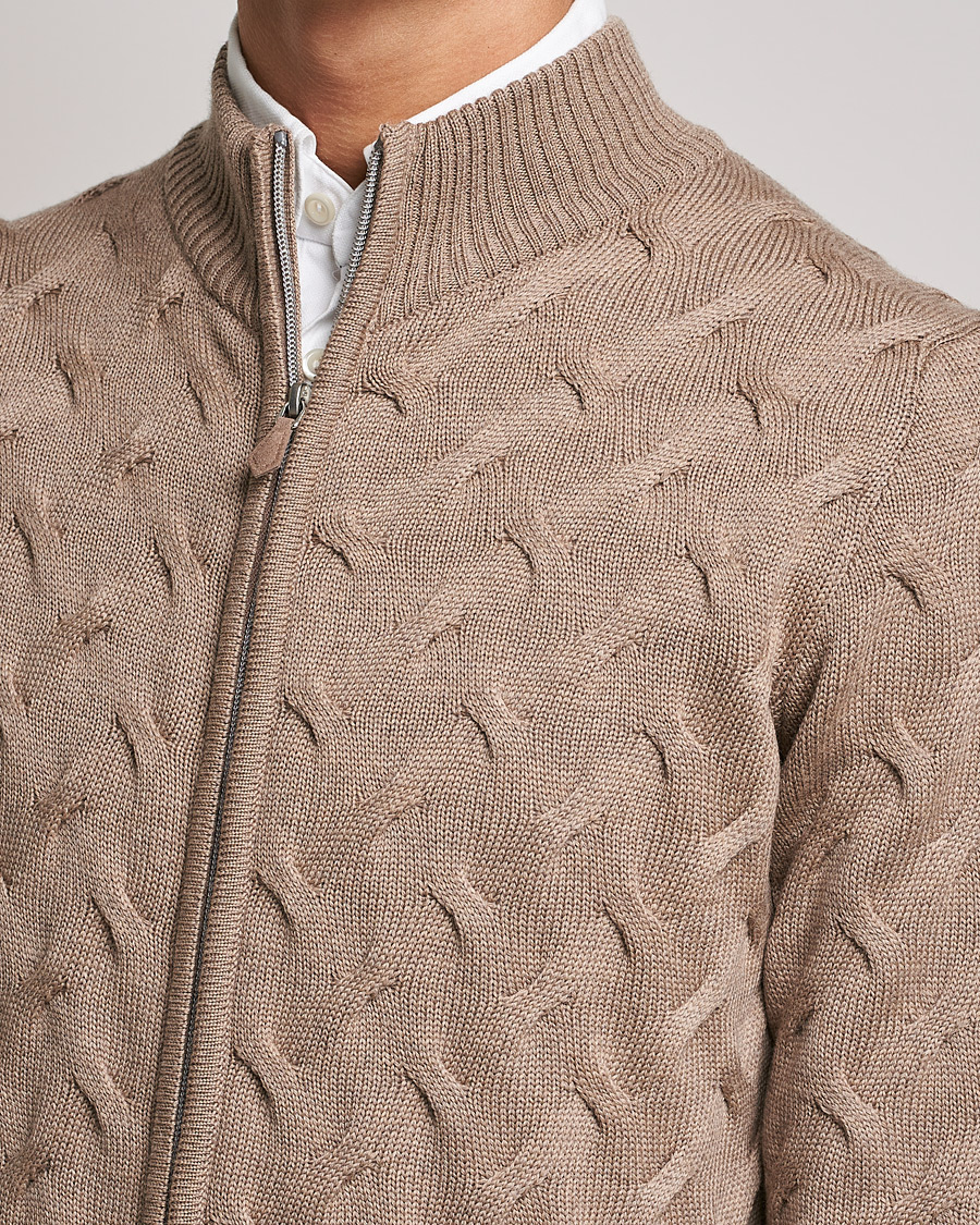 Herre | Trøjer | Stenströms | Heavy Cable Merino Full Zip Cardigan Camel