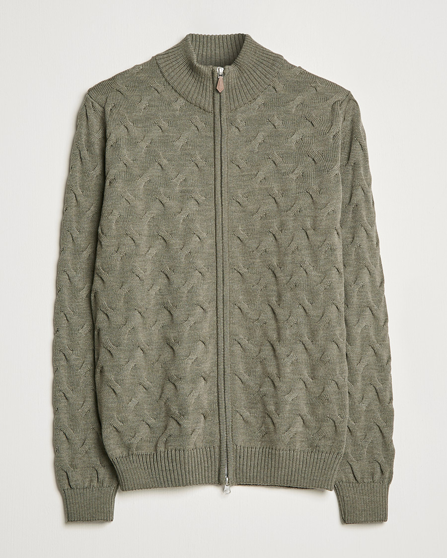 Herre | Trøjer | Stenströms | Heavy Cable Merino Full Zip Cardigan Olive