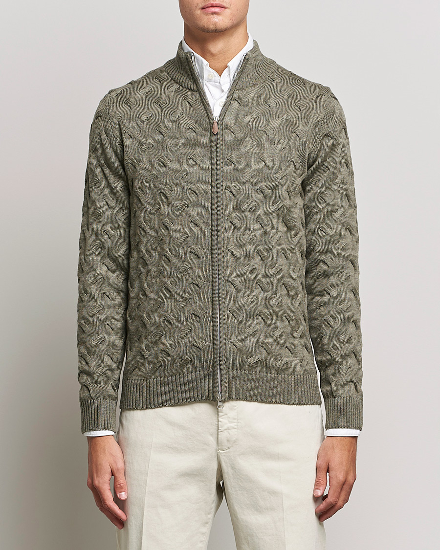 Herre | Trøjer | Stenströms | Heavy Cable Merino Full Zip Cardigan Olive