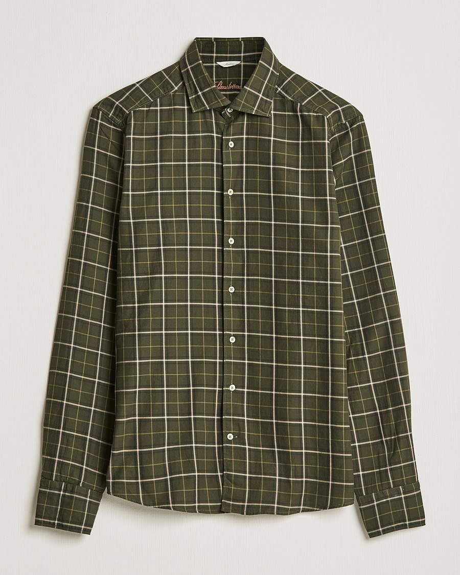 Herre | Skjorter | Stenströms | Slimline Cut Away Washed Checked Shirt Dark Green
