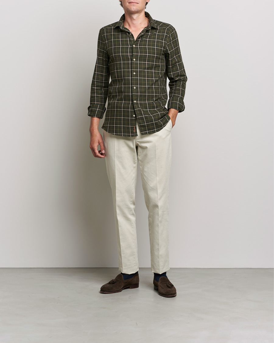 Herre | Skjorter | Stenströms | Slimline Cut Away Washed Checked Shirt Dark Green