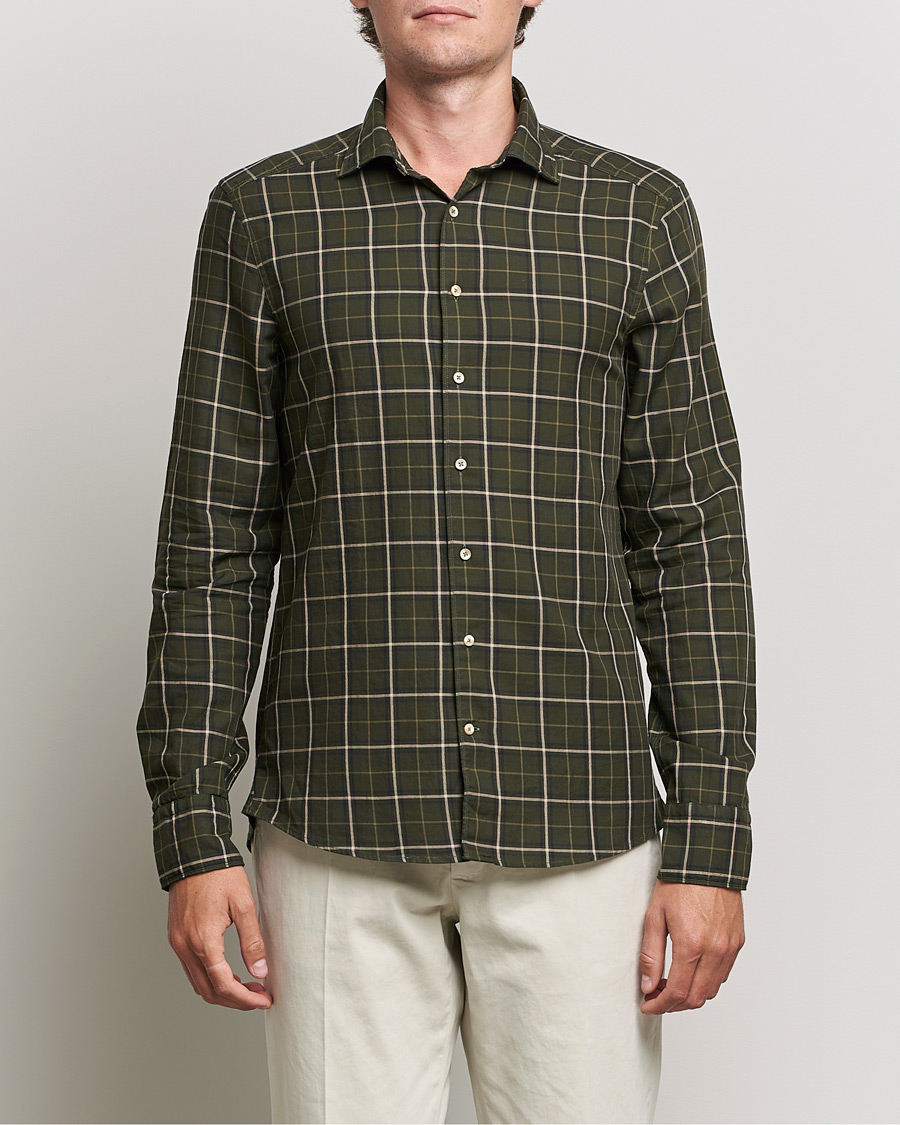 Herre | Skjorter | Stenströms | Slimline Cut Away Washed Checked Shirt Dark Green