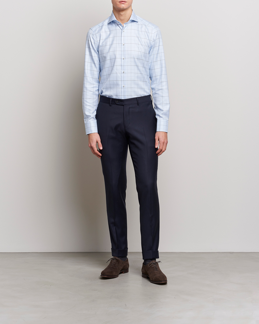 Herre | Businesskjorter | Stenströms | Slimline Cut Away Windowpane Shirt Blue