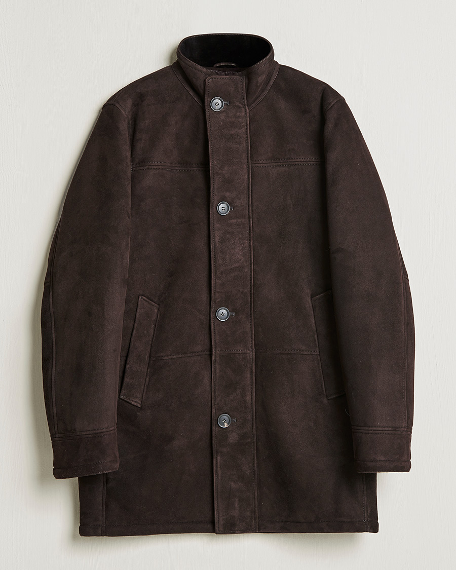 Herre | Jakker | Oscar Jacobson | Carling Sherling Suede Coat Dark Brown