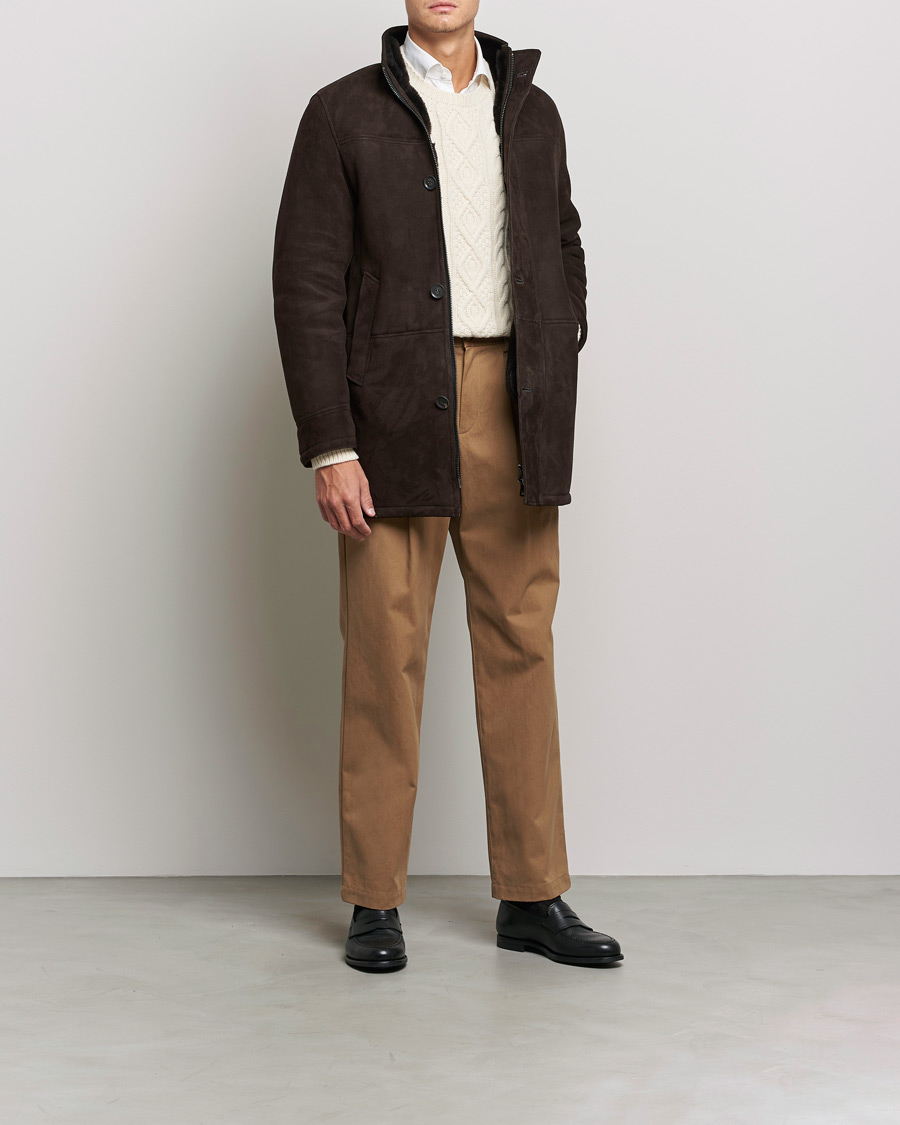 Herre | Jakker | Oscar Jacobson | Carling Sherling Suede Coat Dark Brown