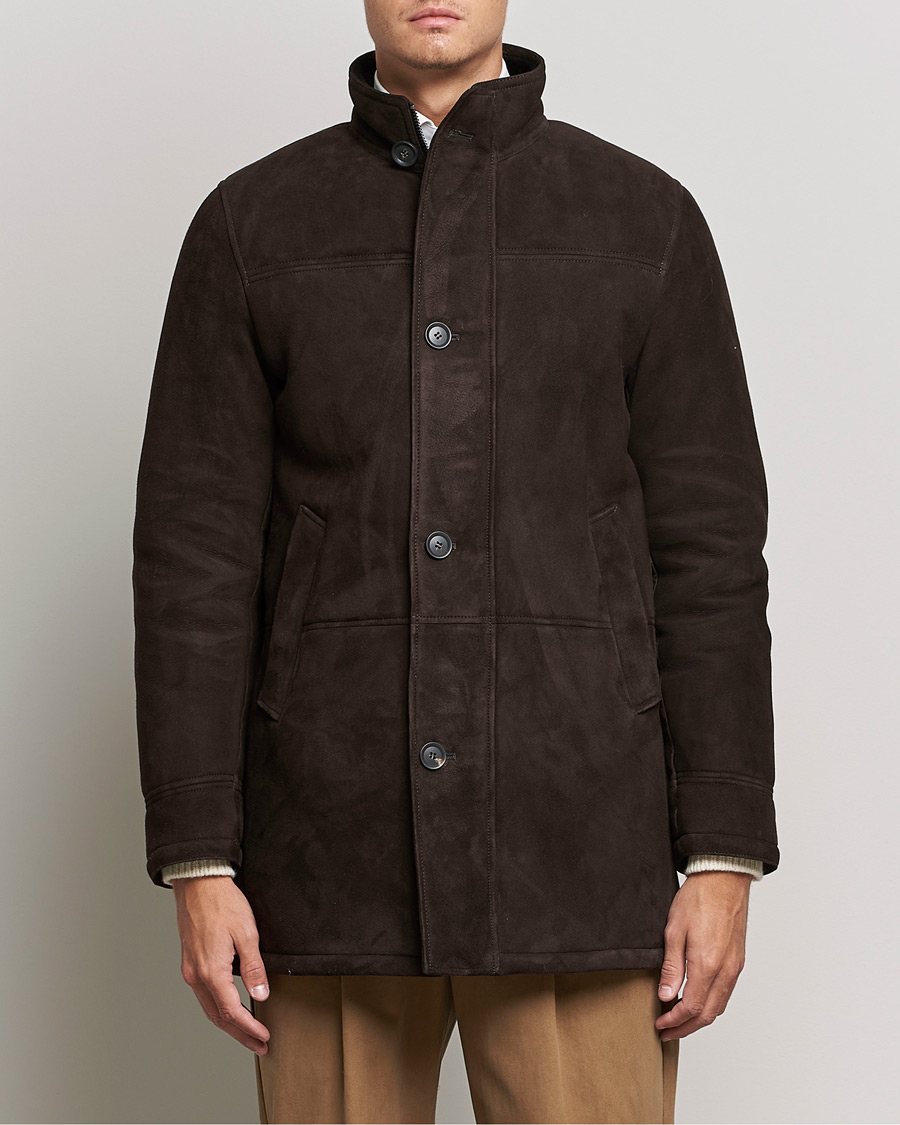 Herre | Jakker | Oscar Jacobson | Carling Sherling Suede Coat Dark Brown