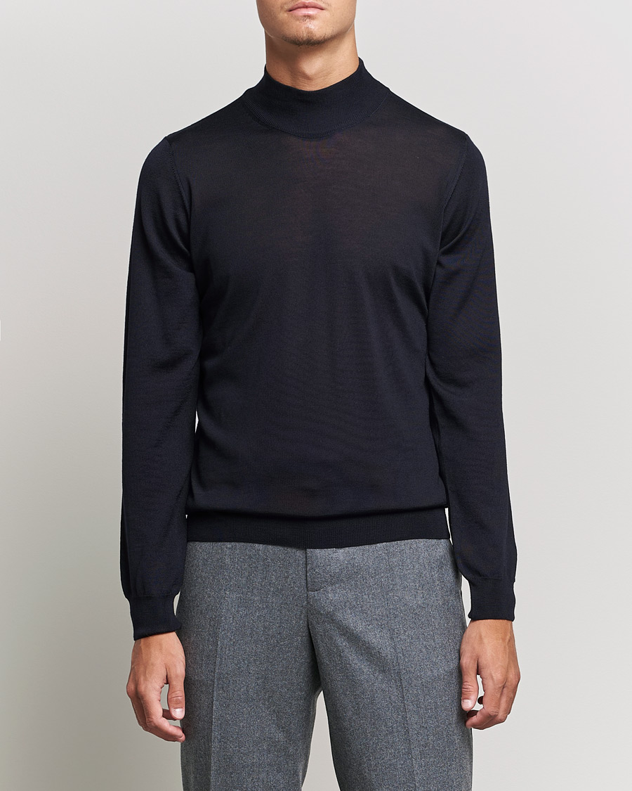 Herre | Trøjer | Oscar Jacobson | Hilton Extrafine Merino Mock Neck Navy