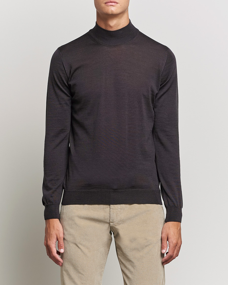 Herre | Trøjer | Oscar Jacobson | Hilton Extrafine Merino Mock Neck Brown