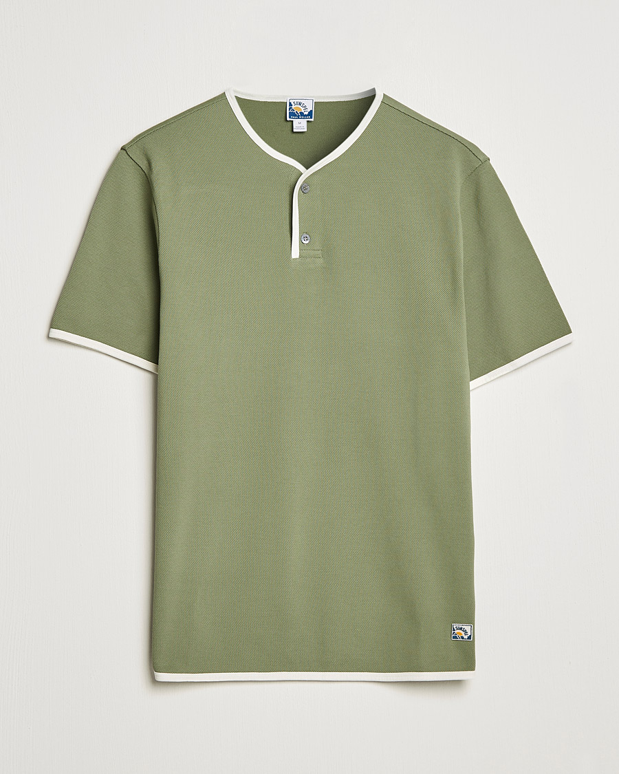 Herre | T-Shirts | Sunspel | Paul Weller Heavy Cotton Pique Henley T-Shirt Dark Sage