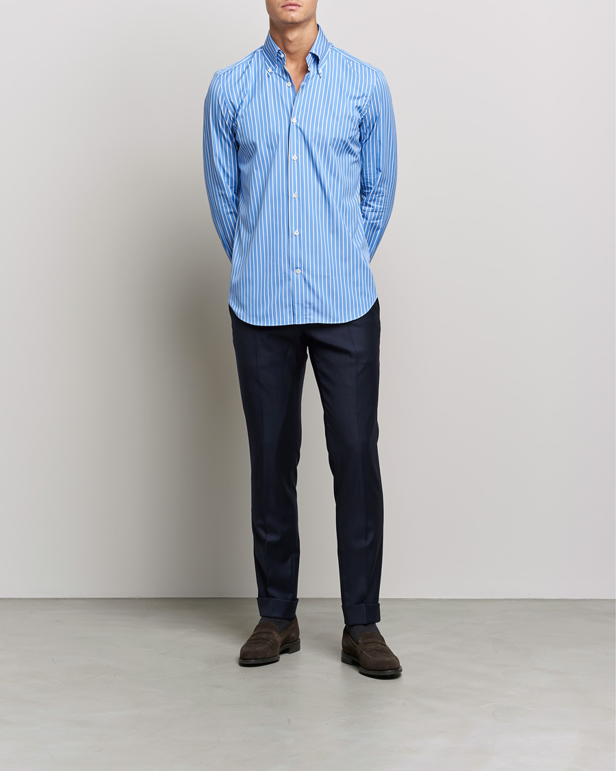 Herre | Skjorter | Mazzarelli | Soft Button Down Stripe Shirt Blue/White