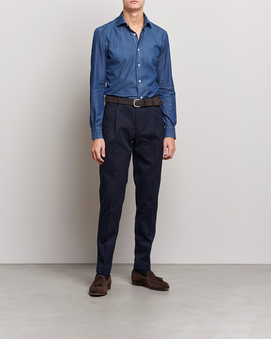 Herre | Skjorter | Mazzarelli | Soft Denim Shirt Dark Indigo