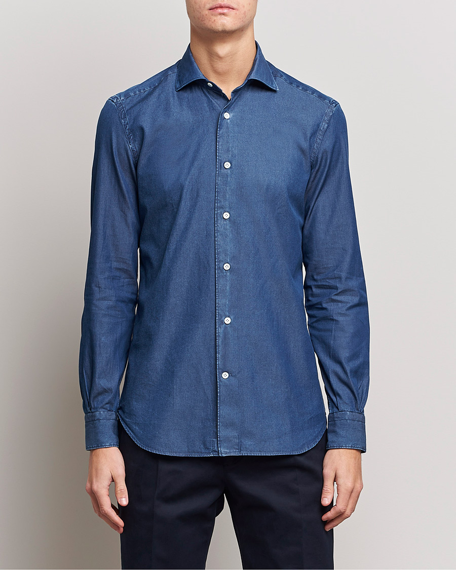 Herre | Skjorter | Mazzarelli | Soft Denim Shirt Dark Indigo