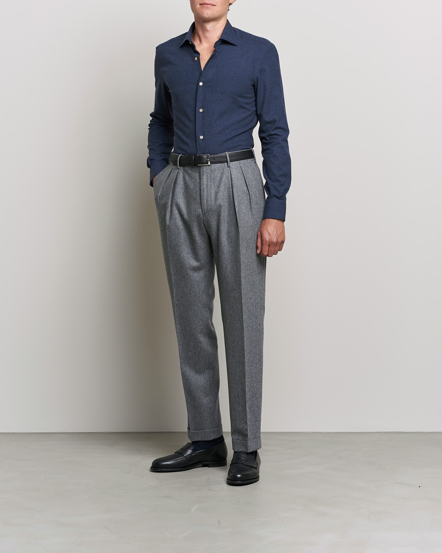 Herre | Skjorter | Mazzarelli | Soft Flannel Shirt Navy