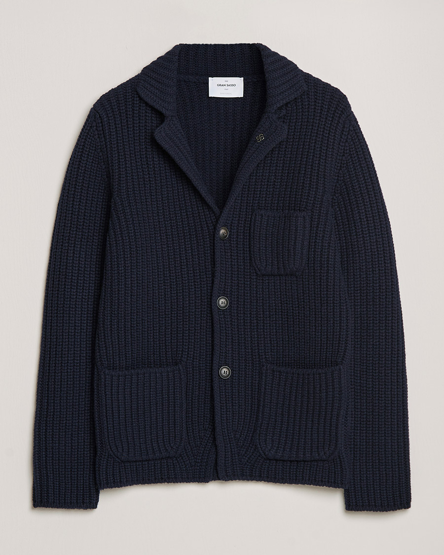 Herre | Trøjer | Gran Sasso | Heavy Wool Knitted Blazer Cardigan Navy