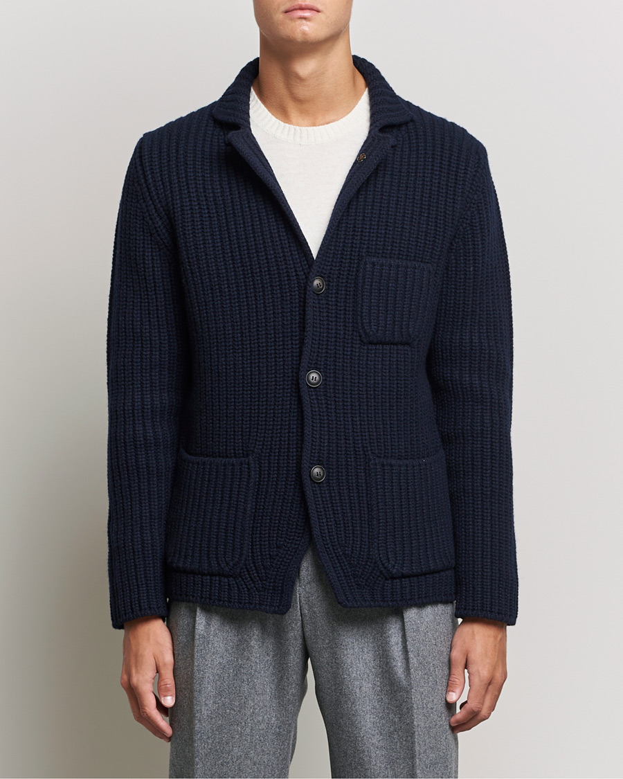 Herre | Cardigans | Gran Sasso | Heavy Wool Knitted Blazer Cardigan Navy