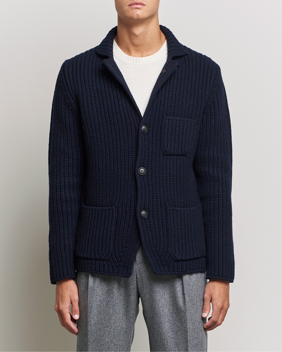 Herre | Trøjer | Gran Sasso | Heavy Wool Knitted Blazer Cardigan Navy