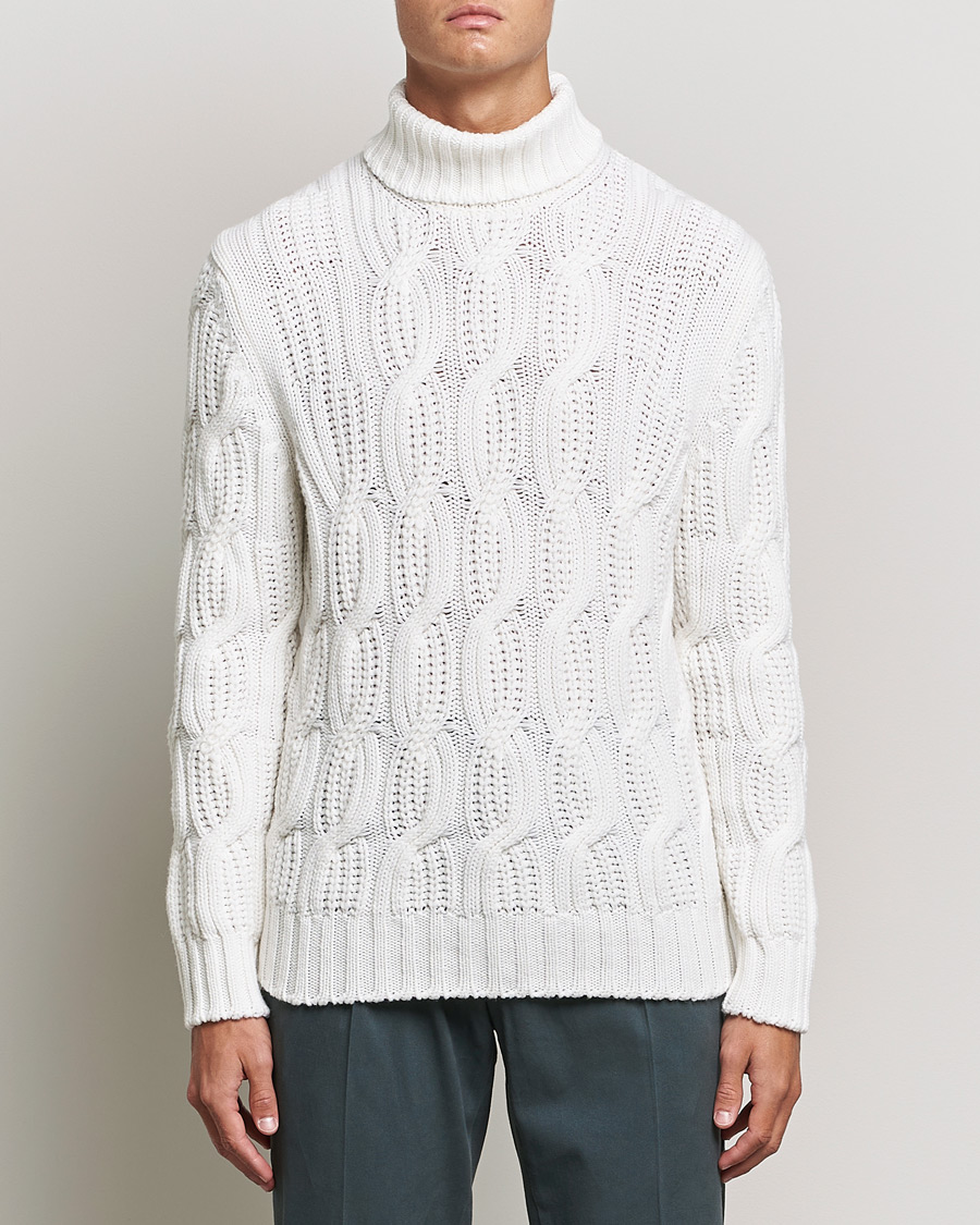 Herre | Rullekravetrøjer | Gran Sasso | Cable Knitted Wool/Cashmere Roll Neck Off White