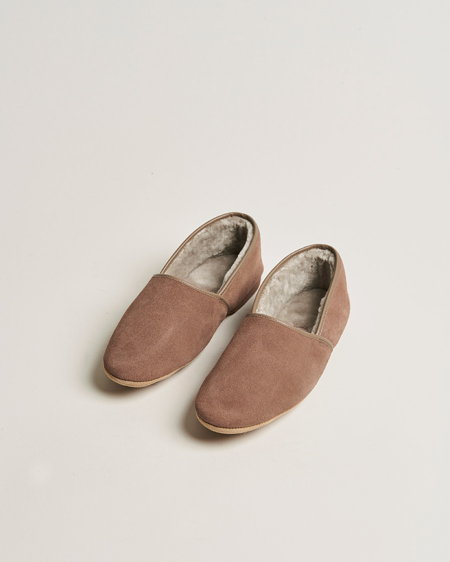 Herre | Derek Rose Crawford Sheepskin Suede Slippers Beige | Derek Rose | Crawford Sheepskin Suede Slippers Beige