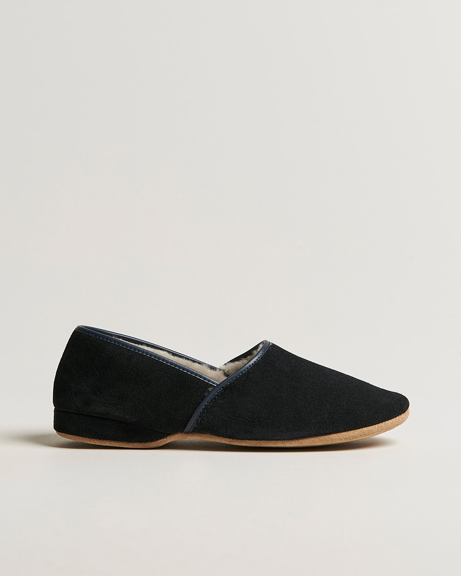 Herre | Derek Rose Crawford Sheepskin Suede Slippers Navy | Derek Rose | Crawford Sheepskin Suede Slippers Navy