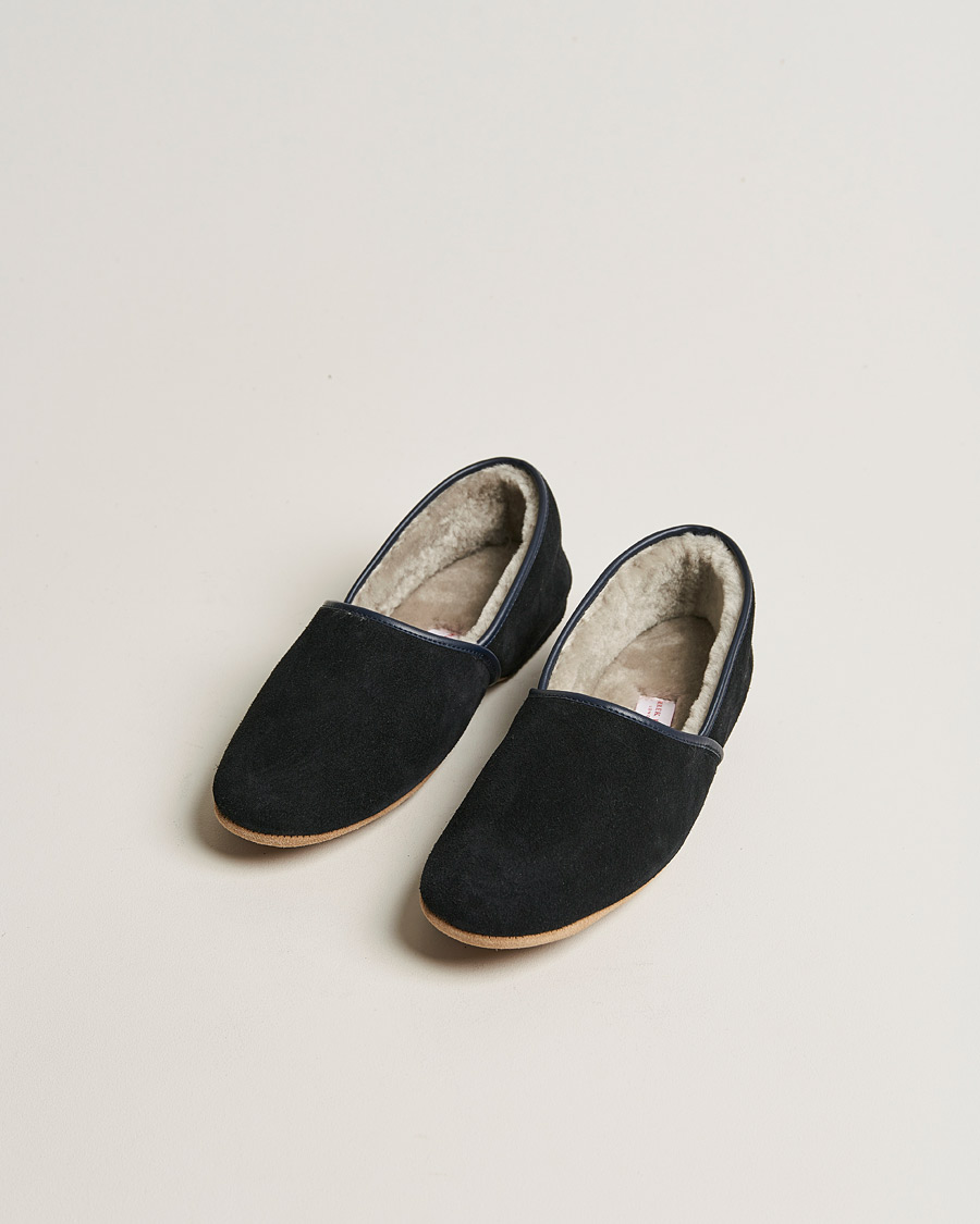 Herre | Derek Rose Crawford Sheepskin Suede Slippers Navy | Derek Rose | Crawford Sheepskin Suede Slippers Navy