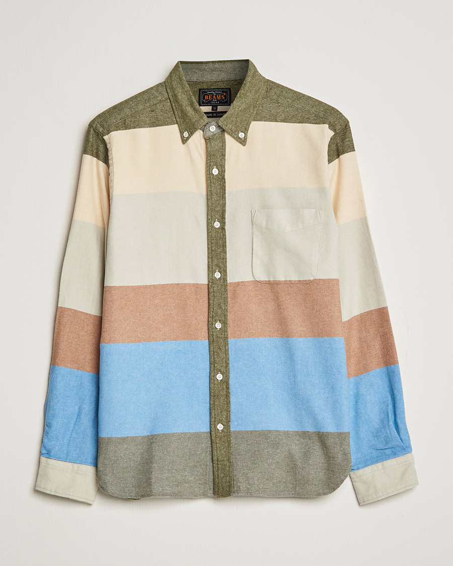Herre | Skjorter | BEAMS PLUS | Flannel Multi Stripe Shirt Olive/Cream