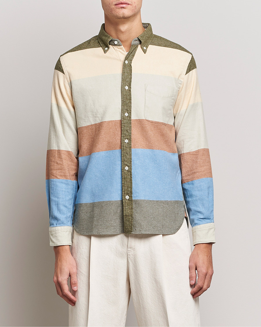 Herre | Skjorter | BEAMS PLUS | Flannel Multi Stripe Shirt Olive/Cream