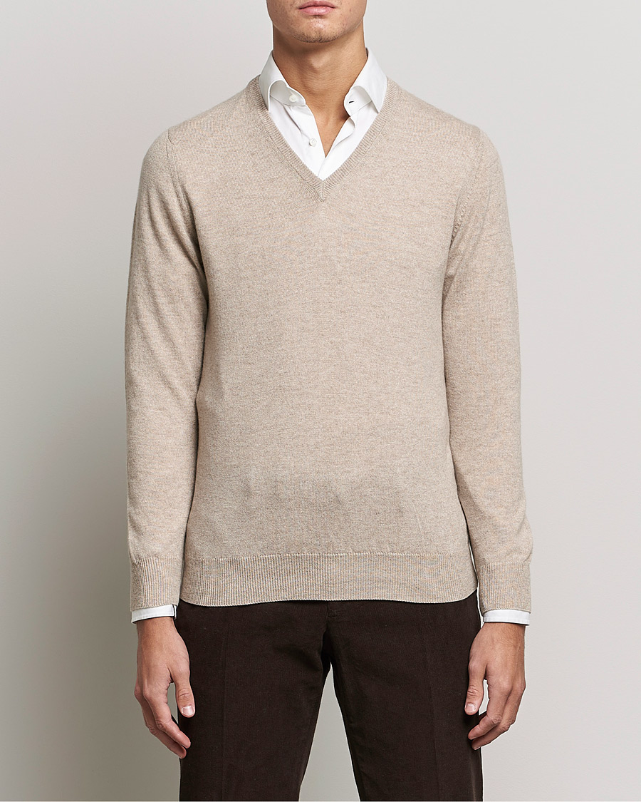 Herre | Pullovers med v-hals | Piacenza Cashmere | Cashmere V Neck Sweater Beige