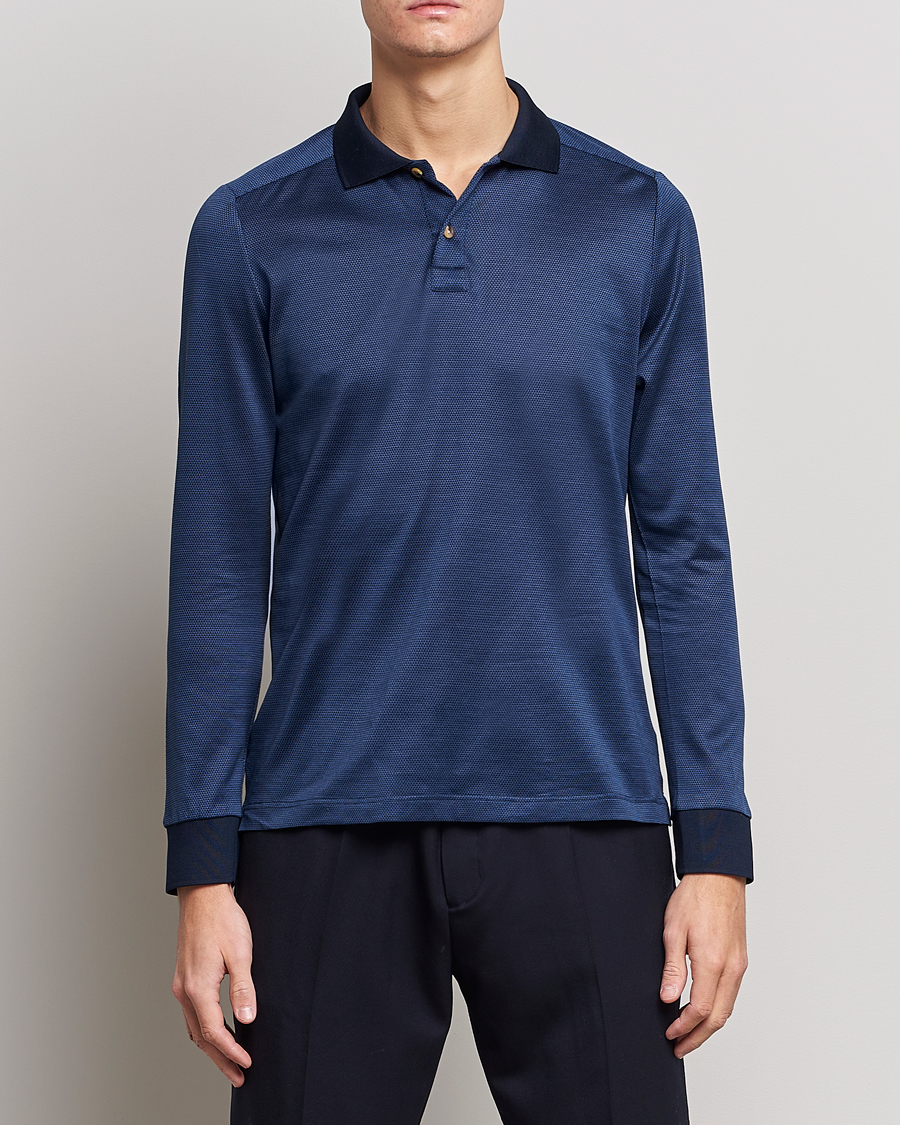 Herre | Langærmede polotrøjer | Eton | Knit Jaquard Polo Shirt Blue