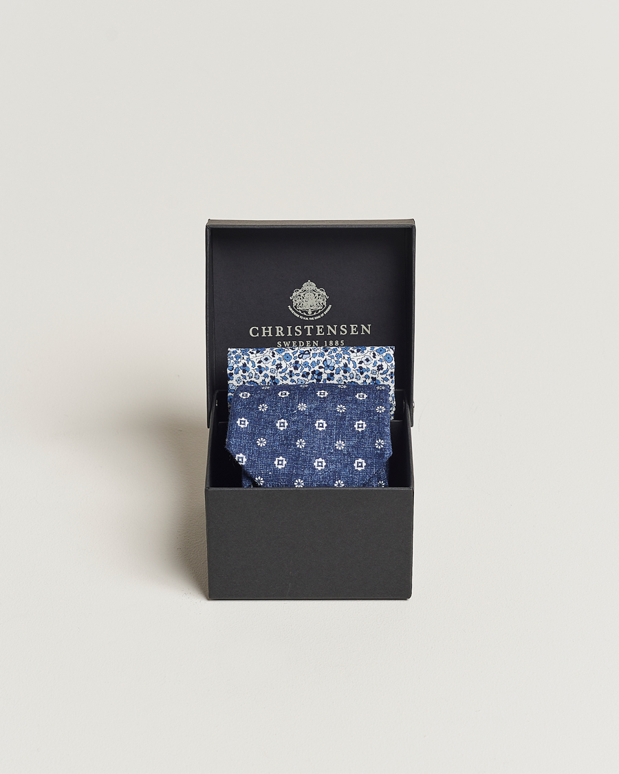 Herre | Amanda Christensen Box Set Printed Linen 8cm Tie With Pocket Square Navy | Amanda Christensen | Box Set Printed Linen 8cm Tie With Pocket Square Navy
