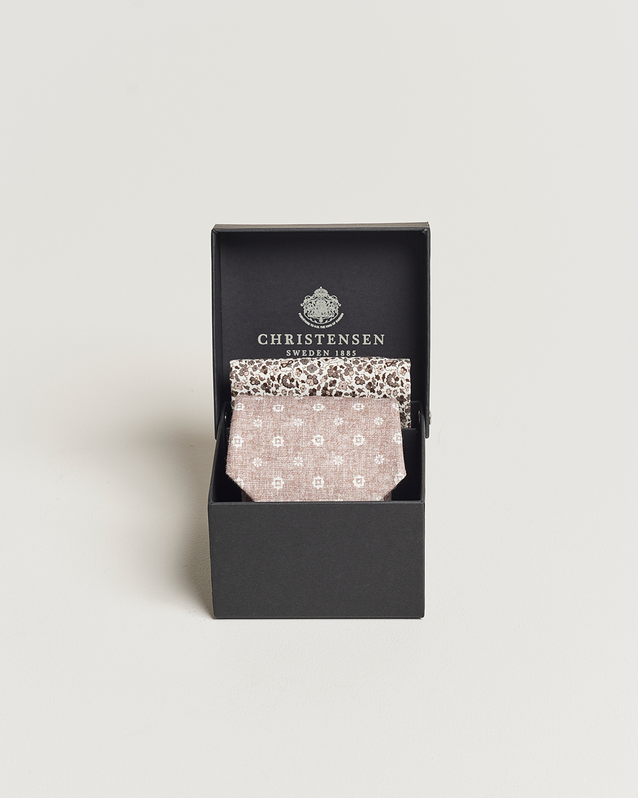 Herre | Amanda Christensen Box Set Printed Linen 8cm Tie With Pocket Square Beige | Amanda Christensen | Box Set Printed Linen 8cm Tie With Pocket Square Beige