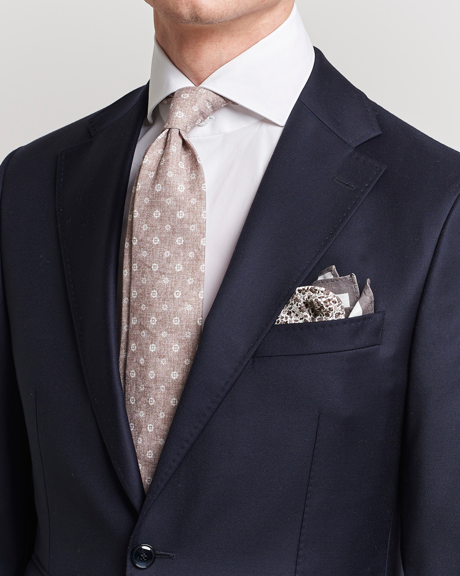 Herre | Amanda Christensen Box Set Printed Linen 8cm Tie With Pocket Square Beige | Amanda Christensen | Box Set Printed Linen 8cm Tie With Pocket Square Beige