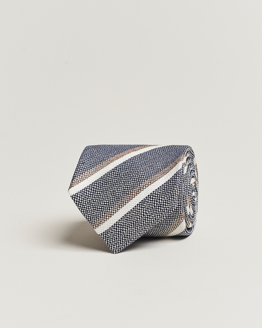 Herre | Amanda Christensen Silk/Linen Striped 8cm Tie Navy | Amanda Christensen | Silk/Linen Striped 8cm Tie Navy
