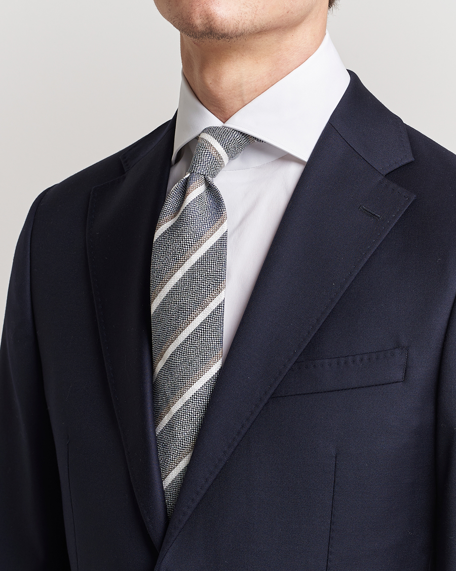 Herre | Amanda Christensen Silk/Linen Striped 8cm Tie Navy | Amanda Christensen | Silk/Linen Striped 8cm Tie Navy