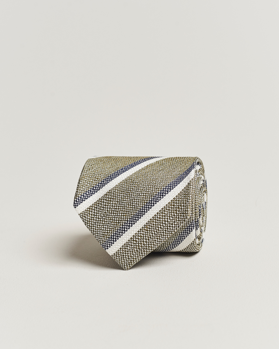 Herre | Amanda Christensen Silk/Linen Striped 8cm Tie Olive | Amanda Christensen | Silk/Linen Striped 8cm Tie Olive