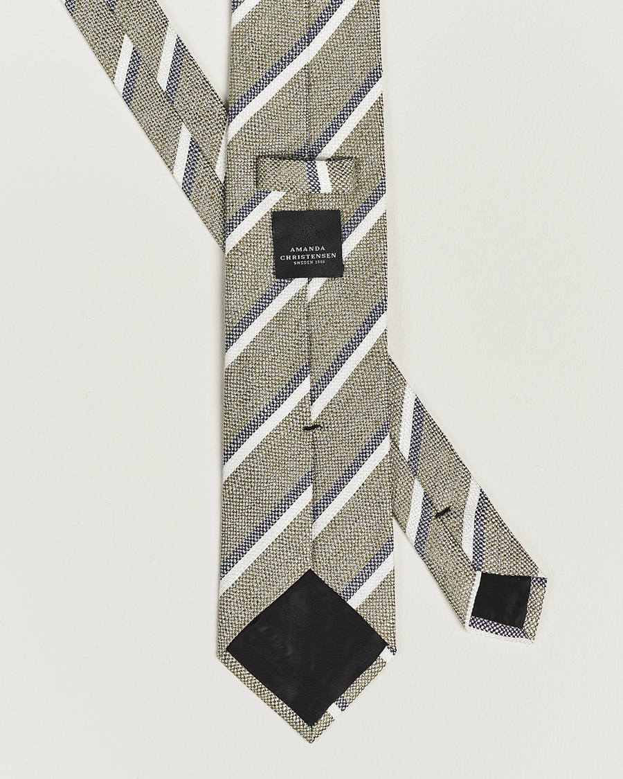 Herre | Amanda Christensen Silk/Linen Striped 8cm Tie Olive | Amanda Christensen | Silk/Linen Striped 8cm Tie Olive