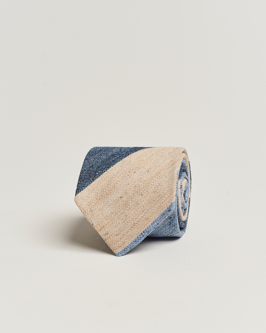 Herre | Amanda Christensen Silk/Linen/Cotton Block Striped 8cm Tie Navy/Blue/Beige | Amanda Christensen | Silk/Linen/Cotton Block Striped 8cm Tie Navy/Blue/Beige