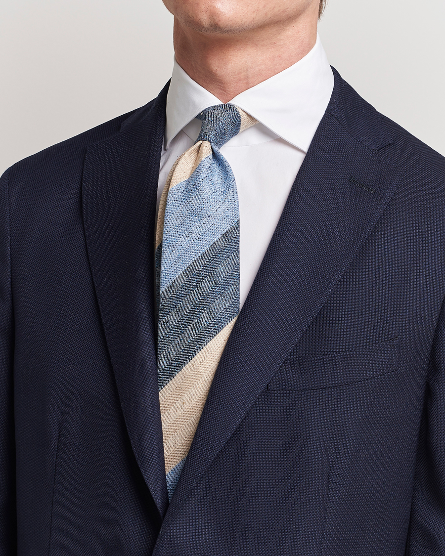 Herre | Amanda Christensen Silk/Linen/Cotton Block Striped 8cm Tie Navy/Blue/Beige | Amanda Christensen | Silk/Linen/Cotton Block Striped 8cm Tie Navy/Blue/Beige